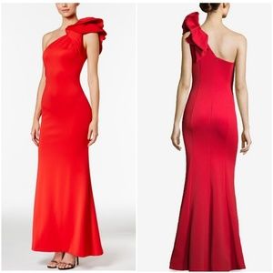 BESTY & ADAM ONE SHOULD RUFFLE GOWN